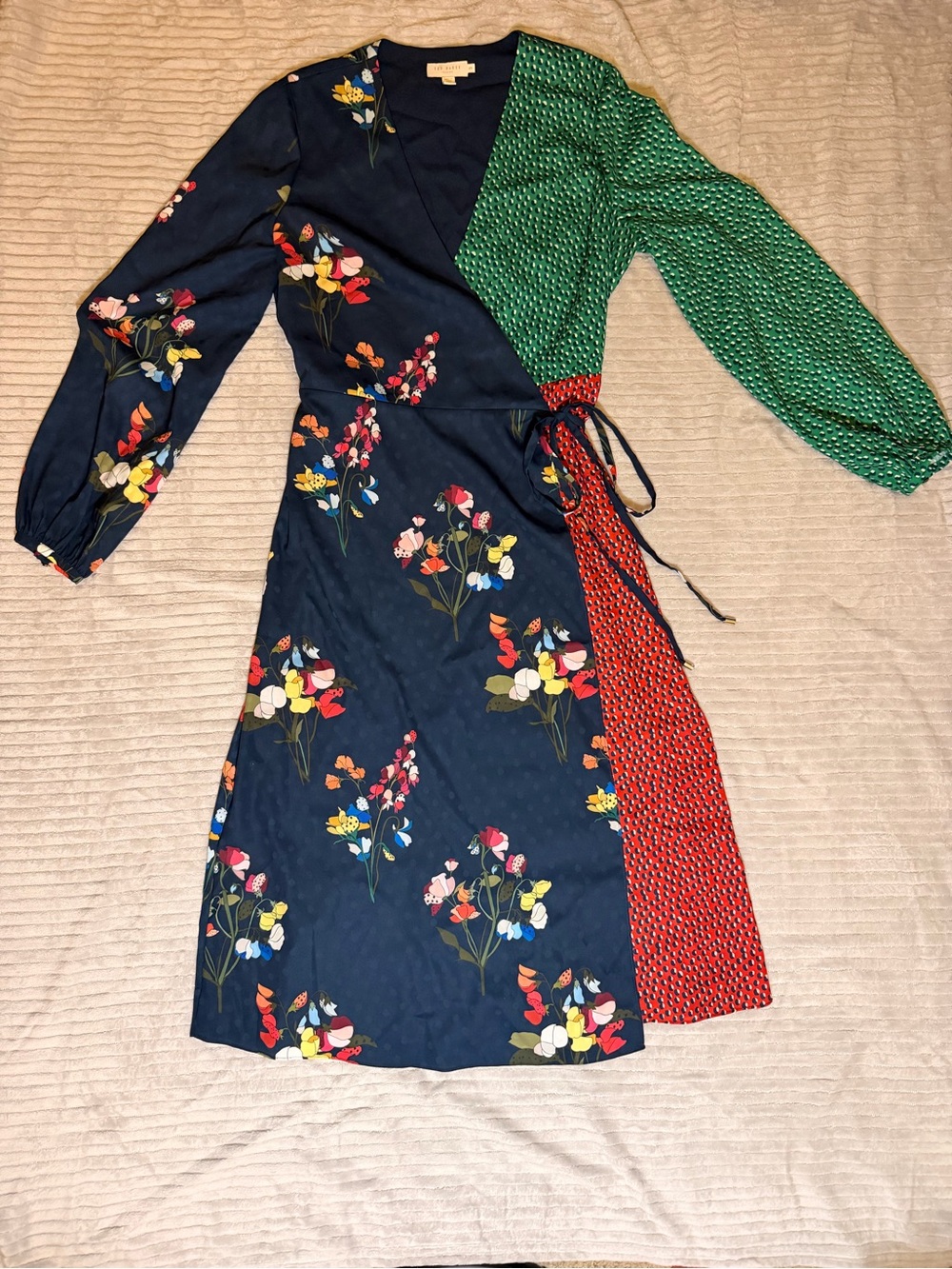Ted Baker Mixed-Print Wrap Dress in Navy, Green & Red